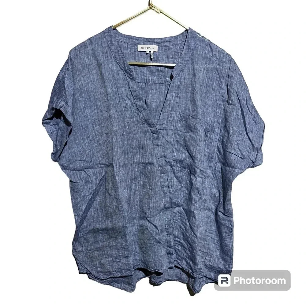DKNY Pure 100% Linen Shirt Womens Size Large L Short Sleeve Blue Lagenlook